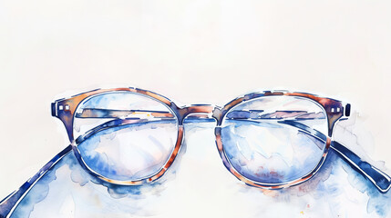 watercolor background with copy space. Watercolor drawing, eyeglasses on a white background, beautiful eyeglass frame