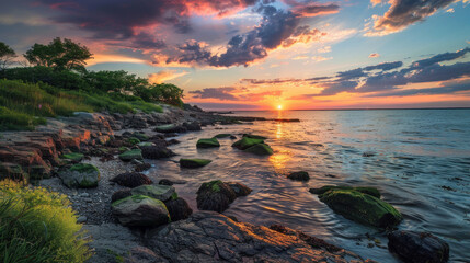 The sky glows with beautiful colors as the sun sinks below the horizon at Pirates Cove in Long Island.