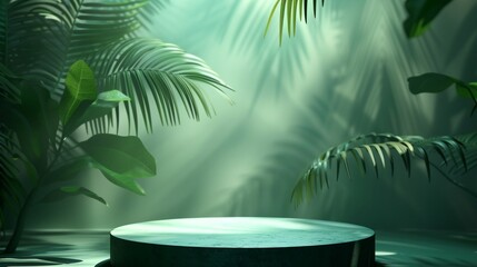 Wall Mural - abstract background for presenting cosmetic products Empty premium podium with silhouettes of tropical palm leaves on green background.