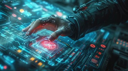 A programmer debugging a holographic interface in a dark room, Cool tones, Cyberpunk, Digital painting, Focused
