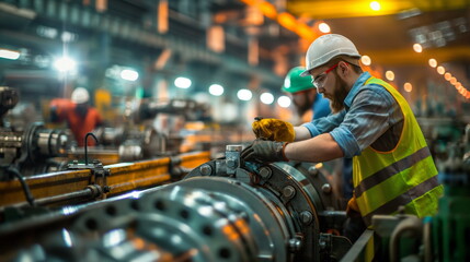 Wall Mural - Industrial workers wearing safety helmets and vests assembling machinery in a factory