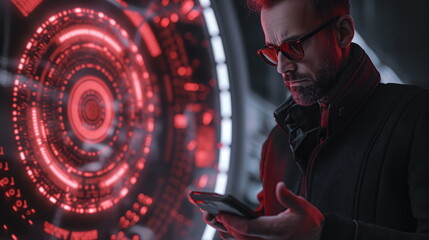 Secret agent reading an encrypted secret message on his smartphone