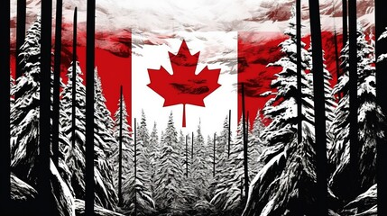 Wall Mural - Canada Independence Day. National flag in the wind in a snowy forest, graphic. AI generated.