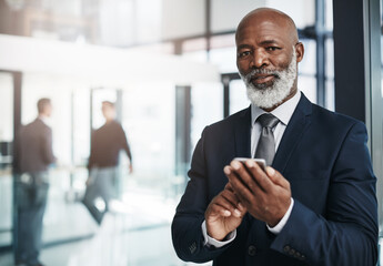 Leinwandbilder - Mature, man and portrait in office with smartphone, professional CEO and networking with executive. Message, business notification and internet search in workplace, web and email on communication app