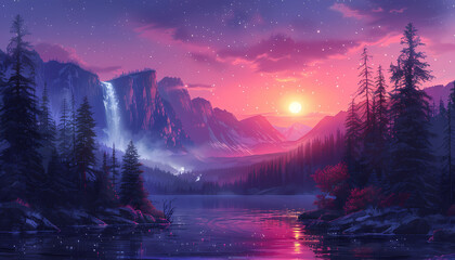 Wall Mural - beutiful nature landscape illustration,  sunset view on montain with lake and waterfall