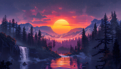 Wall Mural - beutiful nature landscape illustration,  sunset view on montain with lake and waterfall