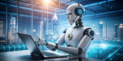 Canvas Print - robot using computer with digital technology 3d rendering