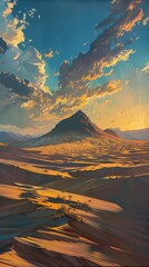 Wall Mural - Desert landscape with mountains at sunset, vivid colors and dramatic sky. Nature tranquility and solitude concept