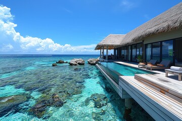 Wall Mural - A luxurious overwater bungalow in the Maldives, with a clear blue sky, sparkling ocean, and a private deck with sun loungers. 