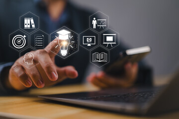 Leinwandbilder - E-learning technology concept. AI and machine learning enhance personalized learning. Technology course, teaching, business training. E-learning, online education, education, internet learning.
