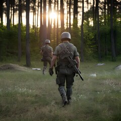 A soldier walking away in a forest,  a battlefield in 2024, cinematic scene, late summer, sun rising in the background.