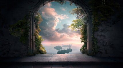 Wall Mural - A beautiful view of the ocean with a small archway leading to it. The archway is covered in vines and leaves, giving it a natural and serene feel. The sky is filled with clouds