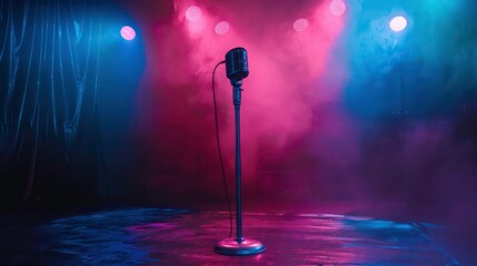 Wall Mural - Dark concert stage with pink and blue spotlights highlighting a vintage mic. Wide banner background for live music or podcast with room. Generative AI
