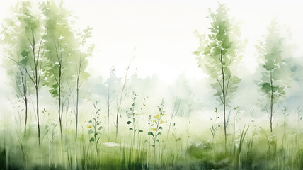 Wall Mural - watercolor drawing of a forest landscape, light green spring trees on a white background, soft color copy space