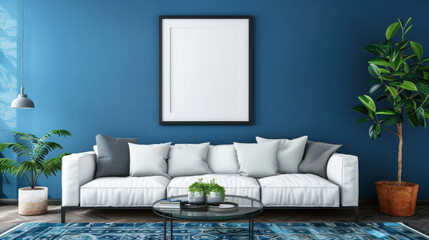 Wall Mural - modern apartment design. minimalistic and neat interior with white sofa, flowers, coffee table and mockup of painting on the wall. beautiful pillows on the sofa. The walls of apartment are dark blue