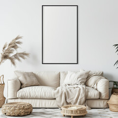 Wall Mural - modern apartment design. minimalistic and neat interior with white sofa, flowers, coffee table and mockup of painting on the wall. beautiful pillows on the sofa. The walls of apartment are white