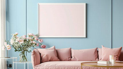 Wall Mural - modern apartment design. minimalistic and neat interior with pink sofa, flowers, coffee table and mockup of painting on the wall. beautiful pillows on the sofa. The walls of apartment are blue