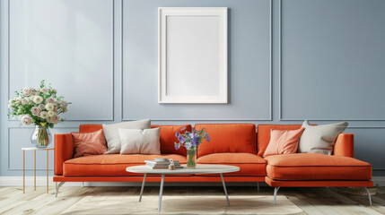 Wall Mural - modern apartment design. minimalistic and neat interior with orange sofa, flowers, coffee table and mockup of painting on the wall. beautiful pillows on the sofa. The walls of apartment are blue