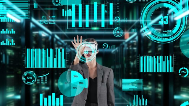 Businesswoman data searching dynamic market data scatter graph analysis monitor by VR future global innovation interface digital infographic network technology visual hologram animation. Contraption.