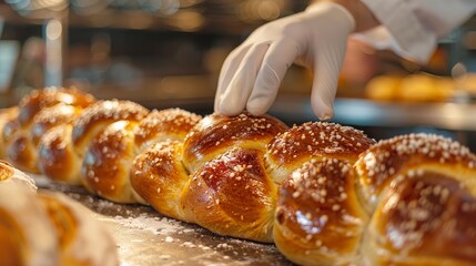 Making braided bread in a bakery. Traditional Shabbat challah. 