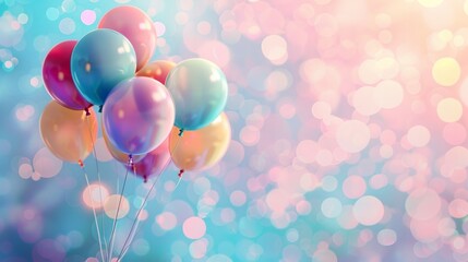 Wall Mural - Set of colorful realistic mat helium balloons floating on blurred colorful background. balloons for birthday, party, wedding or promotion banners or posters. Vivid illustration in pastel colors. copy 