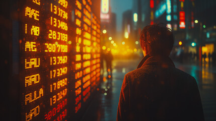 Wall Mural - a businessman on a stock exchange information board