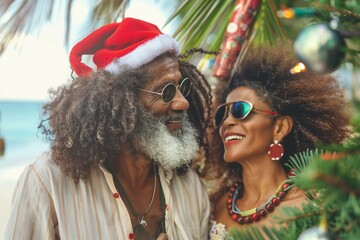 Senior Couple Celebrates Christmas on a Tropical Beach
