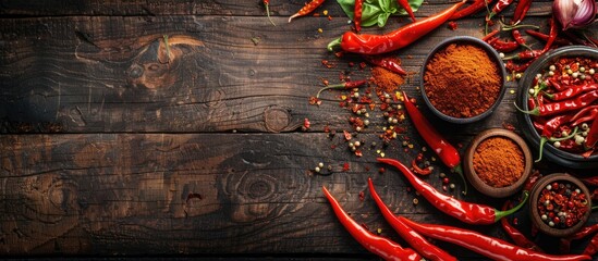 Poster - Table background with a variety of chili powder, fresh, and dried peppers set up, allowing ample copy space image.
