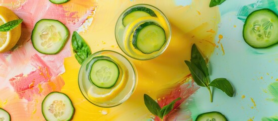 Poster - Cucumber lemonade in glasses on a colorful background with copy space image.