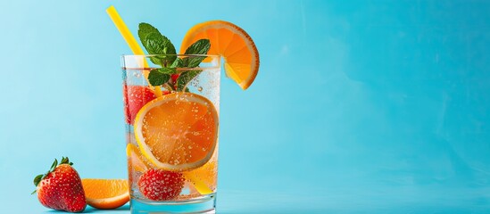 Wall Mural - Refreshment beverage in a water glass on a blue background with copy space image, conveying a healthy lifestyle concept.