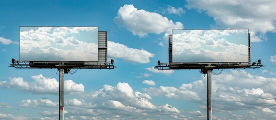 Sticker - Two empty billboards set against a blue sky with white clouds, ideal for mockups and templates emphasizing consumerism and advertising with white screen copy space image.