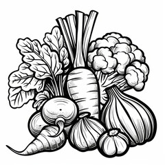Wall Mural - Detailed black and white illustration of various vegetables including carrots, beets, broccoli, onions, and radishes.