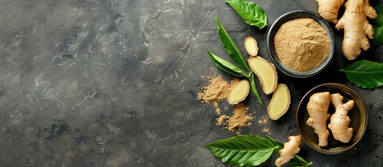 Fototapete - Ginger powder, fresh root, and leaves displayed on a grey table in a flat lay composition, providing room for text in the image. Copy space image. Place for adding text and design