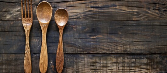 Poster - Wooden spoon and fork on a table with copy space image.