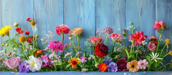 Poster - Flowers from the garden displayed on a blue wooden table with a background perfect for a copy space image.