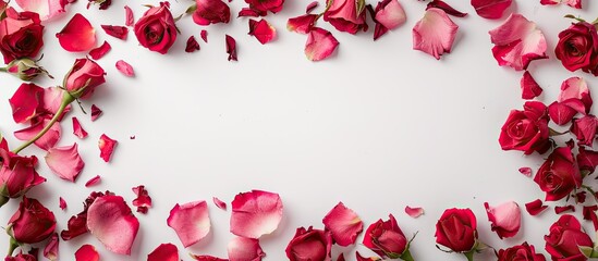 Fototapete - Top-down view of a frame created from rose blossoms on a blank white backdrop, featuring a flat lay design with ample copy space image.