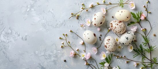 Leinwandbilder - View from above of a simple natural Easter greeting card concept adorned with eggs and spring flowers, featuring copy space image.