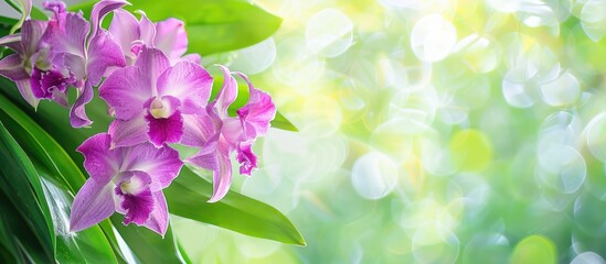 Poster - Closeup shot of blooming purple dendrobium orchid flowers with a green leaves background in a copy space image.