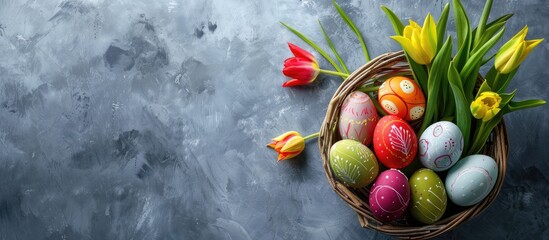 Aufkleber - Colorful Easter eggs and tulips in a basket on a gray background seen from above, with space for text or images. Copy space image. Place for adding text and design