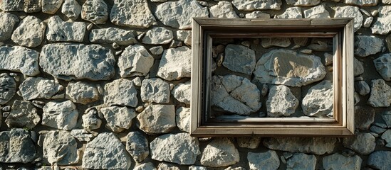 Sticker - Stone wall with an empty picture frame billboard can be used as a white canvas mock-up image. Copy space image. Place for adding text and design