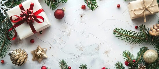 Poster - Top view of a Christmas scene featuring a fir tree, gift box, and ornaments on a white table, with ample copy space for additional images or text.