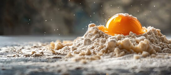 Poster - A vibrant image of a chicken egg coated in flour, showcasing the rich hues of the yolk and wheat flour, set against a table with baking ingredients, providing a backdrop with ample copy space.