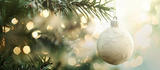 Wall Mural - A festive white bauble adorned with glitter, hanging elegantly from a modern Christmas tree, with copy space image.