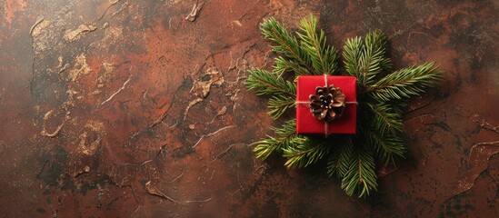 Poster - Red Christmas present and green fir branches arranged on a rustic background, ideal for a top view flat lay photograph with space for text or other images. Copy space image