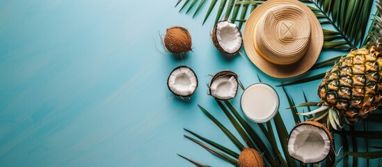 Aufkleber - Top view of a tropical setup featuring a ripe pineapple, cracked coconut with milk and a hat on a flat surface with a copy space image, evoking a summer vibe.