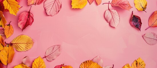 Sticker - Autumn leaves in yellow and red shades on a soft pink backdrop perfect for adding text or images. Copy space image. Place for adding text and design