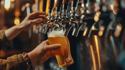 Beer mug filling from glass bottle on beautiful blurred background