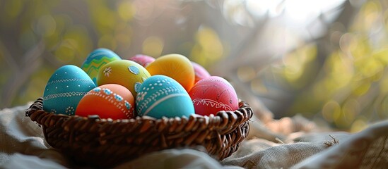 Fototapete - Colorful Easter eggs in a basket on fabric with room for text in the image. Copy space image. Place for adding text and design