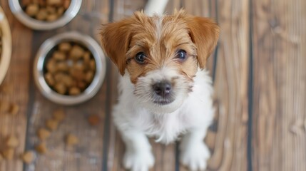 A small dog is looking at the camera while standing in front of two bowls of food