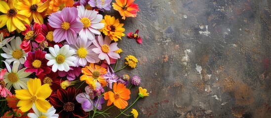 Fototapete - Colorful garden flowers displayed on a stone table background, providing a backdrop with ample copy space for additional elements.